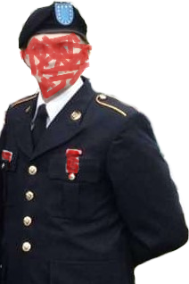 An edited photo of the author's basic training graduation photo. Their face is painted over with white and red. The uniform is blackish blue with a white undershit and black tie. They wear a black beret with a baby blue emblem on it. Their hair is buzz cut.